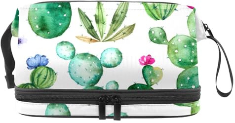 VAPOKF Watercolor Cactus Plants and Purple Flowers Pattern Cosmetic Bag for Women and Girls, Travel Toiletry Bag Makeup Handy Pouch Organizer Bag with Brush Compartment