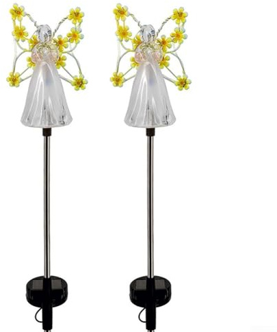 2 Stück solarbetriebene Engel-Lichter mit farbwechselnden LEDs für Gartendekoration und Gedenkstätten, wetterbeständige Outdoor-Dekoration für Rasen, Hof (gelb)