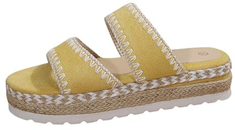 Dam espadriller pantoletter, platåsandaler, tofflor, låg kilklack, öppen tåparti, tofflor, eleganta, bekväma boho-tofflor, strandskor från bast, strand, semester, GUL, 36 EU
