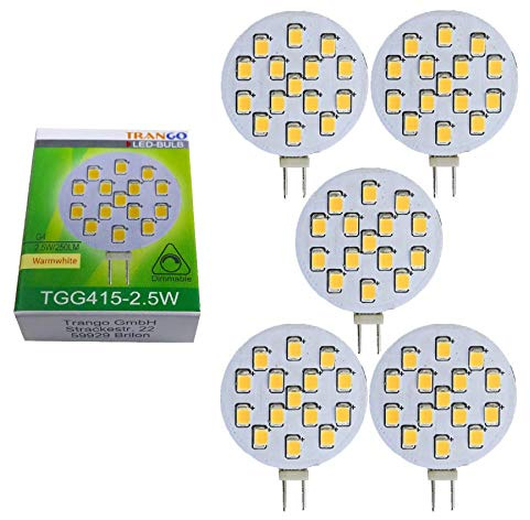 Trango 5er Set LED Leuchtmittel G4 2,5W 12V AC/DC – ersetzt G4 MR16 Halogen – 250 Lumen, 3000K Warmweiß – für Möbel Einbaustrahler, Deckenleuchte, Schrankbeleuchtung