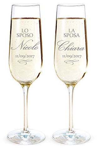 AMAVEL Set 2 Calici da Spumante in Vetro, Incisione Personalizzata con Nomi e Data, La Sposa & Lo Sposo, Flûte per Coppie, Accessori Decorativi Matrimonio