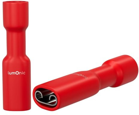 Lumonic 25x Flachsteckhülse 0,5-1,5mm² Rot | für Flachstecker 0,8 x 2,8mm | vollisoliert | Kabelverbinder ohne Löten | Kabelschuh aus Messing verzinnt | KFZ, Maschinenbau