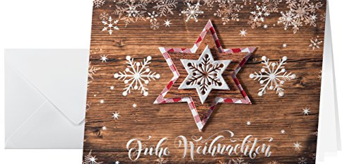 SIGEL DS054 Handmade Weihnachtskarten Set mit Umschlag im Holz-Design | DIN A6 | 10 Stück Country Stars | ideal zum Bedrucken