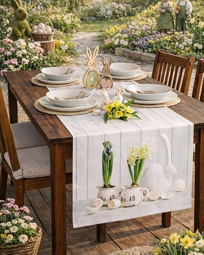 KAMACA Tischläufer Frühling Ostern Blumen Hasen Dekor Osterhasen Ostereier Bunt Waschbar Fleckschutz Küche Esstisch Tisch Dekoration (40x160 Osterzeit)
