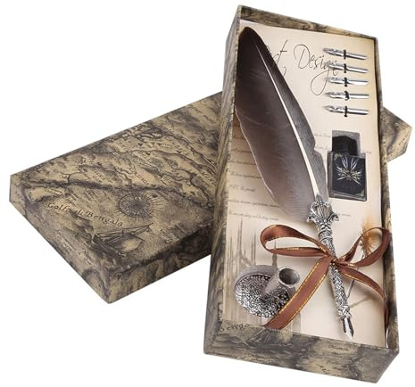 Garosa Vintage Kalligrafi Nib Dip Quill Pen Writing Set - Antik Engelsk Med Metal Carving Look - Brevpapper Presentförpackning Med 5 Nibs (Svart)