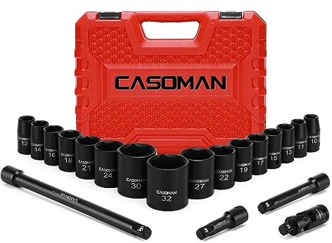CASOMAN 1/2-Zoll-Flach-Antrieb-Steckschlüsselsatz, metrisch, 10 mm-32 mm, CR-V, 6-Punkt, 20-teiliges 1/2 -Flach-Antrieb-Steckschlüsselsatzt mit Verlängerungsstange und Universalgelenken