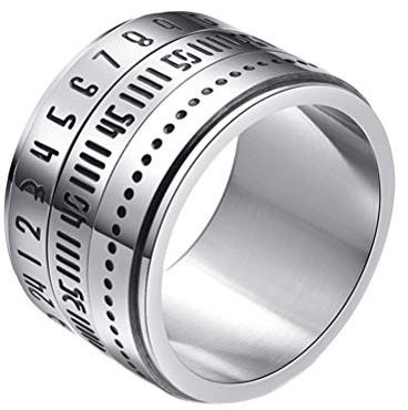 OAKKY Men's Stainless Steel 14MM Width Lucky Dice Arabic Numbers Turner Rings Rotatable Calendar Clock Biker Band Silver Size 10