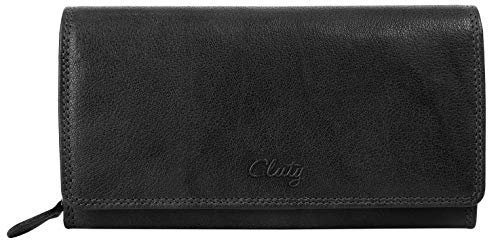 Cluty Geldbörse Echt Leder Damen | RFID Portemonnaie, Brieftasche mit Münzfach, Geldbeutel mit Reißverschluss, Kartenetui aus Leder schwarz | 020352