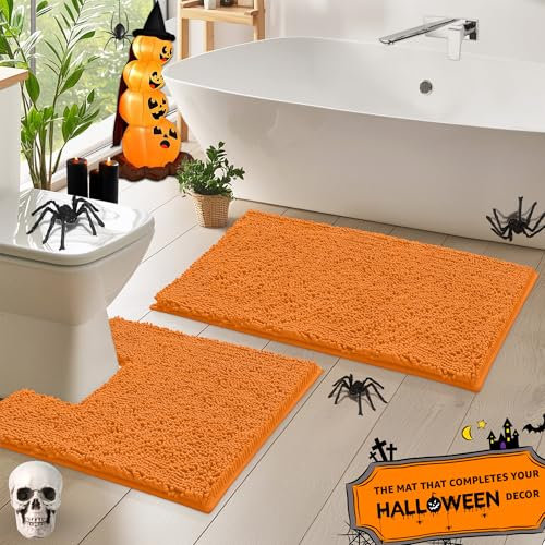 Tappeto da bagno arancione in ciniglia, set di 2 tappetini da bagno in morbido peluche e tappetino per WC, tappeto shaggy in microfibra da 2,5 cm, super assorbente, lavabile in lavatrice, set quadrato