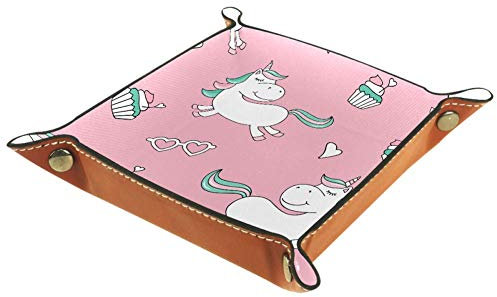 EZIOLY Unicorn And Cake Practical Microfiber Leather Storage Tray-Office Desk Tray Bedside Caddy Storage Organizer for Wallet Key Watch Phone Jewelry, etc(20.5X20.5CM)