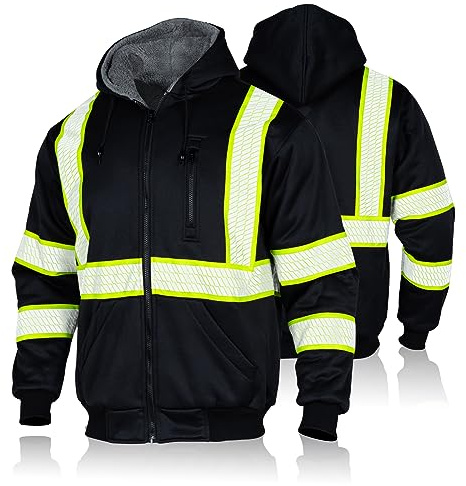 FONIRRA Men's High Visibility Safety ANSI Class 3 Lined Fleece Hoodie Sweatshirt with Black Bottom Jumper Workwear for Men(Black,2XL)