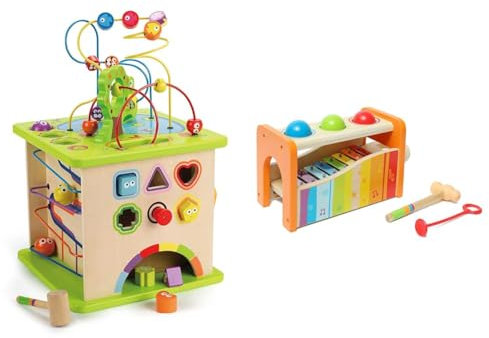 Hape E1810 - Motorikwürfel Kleine Tierchen, aus Holz, ab 12 Monate & E0305 - Xylophon und Hammerspiel, Klopfbank, aus Holz, ab 12 Monate