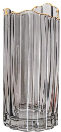 PEPAXON Hohe Glasvase für Blumen Großer Zylinder Grau 25cm Hoch | Kristall, Mittelstück, Heimdekoration, Tischplattendekoration, Gold Edge, Breiter Mund