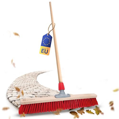 Novaliv Escoba para calles de 60 cm, escoba con mango de madera, elastón, color rojo, industrial, escoba de jardín, escoba de patio, escoba con mango exterior, escoba para interiores y exteriores