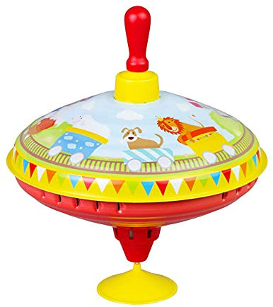 LENA 52236 Brummkreisel Ø19 cm Zug, Metall Kreisel, Schwungkreisel aus Blech, klassischer Pumpkreisel, Eisenbahn Blechkreisel mit Spitze, Lok Spielzeugkreisel für Kinder ab 18 Monate, A2103245