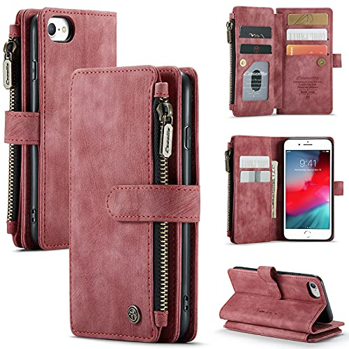 UEEBAI Hülle für iPhone 7/8/SE, Premium PU Lederhülle, Wein Rot | Retro Reißverschluss Hülle Weiche Klapphülle Magnetverschluss Kartenfach Standfunktion Geldbörse mit Trageband Schutzhülle