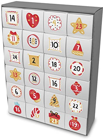 itenga großer Bastel Adventskalender 50x37cm zum Füllen 24 Schachteln zum Befüllen Quader Form weiß zum Selber Befüllen inkl Zahlenstickern Weihnachtsfiguren