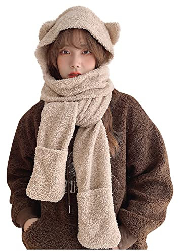 LUNULE Damen Winter-Mütze 3-in-1Kapuzenschal Thermohandschuhe Herbst Winter Warme Fellmütze Ohren mit Handschuhe Schal für Frauen Verdicken Fleece Weiche Skimütze Damen Outdoor Sport Winterhüte