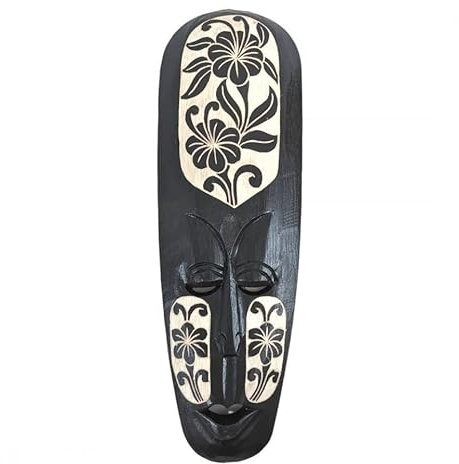 Coco Papaya Masque Africain 50cm en Bois Noir sculpté - Motif Fleurs, 50