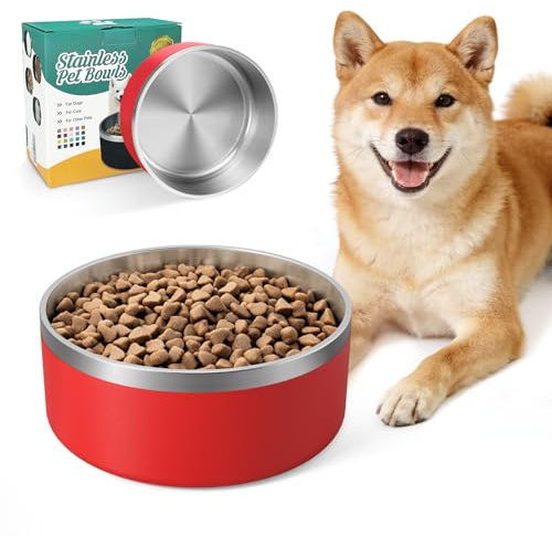 IKITCHEN Dog Bowl for Food and Water, 40 Oz Stainless Steel Pet Feeding Bowl, Durable Non-Skid Double Wall Insulated Heavy Duty with Rubber Bottom for Medium Large Dogs (40 Ounces/5 Cup, Red)
