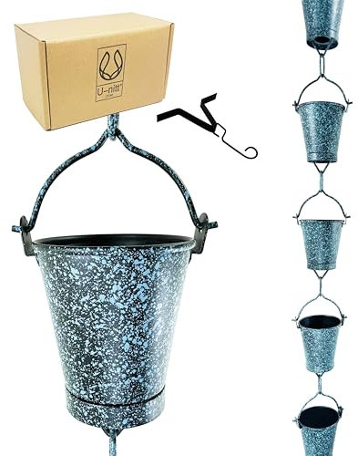 U-nitt Cadenas de lluvia, canalón de techo, canal de boquilla, recogedor/desviador de agua de lluvia, longitud de 8.5 pies, metal, revestimiento de polvo negro, con revestimiento de pátina, cubo de