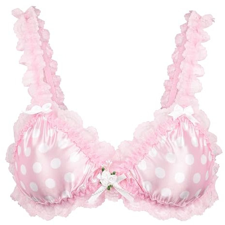 Satini Femminuccia con Volant Pizzo Attillato Raso Bralette Reggiseno (Rosa Pastello - A Pois, L)