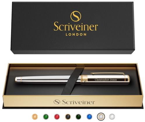 Scriveiner Personalisierter Stift Aus Silbernem Chrom - Atemberaubender Luxus Tintenroller, Gold Finish, Schmidt Tinte, Bestes Graviertes Tintenroller Geschenkset, Custom Name Gravur