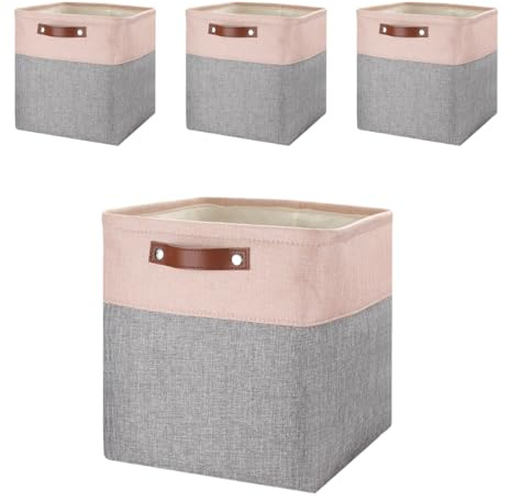 Mangata 25|28|30|33 cm Aufbewahrungsbox Stoff, Aufbewahrungskorb für Regal, Korb Aufbewahrung, 4-er Pack(Grau/Rosa, 28x28x28 cm)