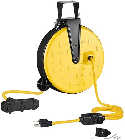 WILAWELS 30 Ft Retractable Extension Cord Reel, 16/3 Gauge SJTW Power Cord with 3 Electrical Outlets Pigtail for Garage and Shop, 10 Amp Circuit Breaker, Metal Plate, UL Listed, Black B30CR06
