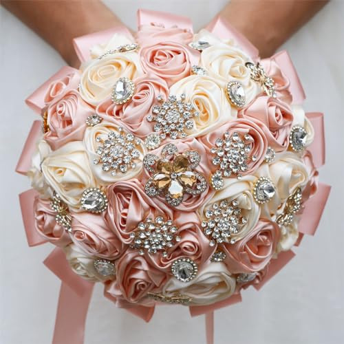 Mhojpik 7.5 Peach Pink & Cream Bridal Wedding Bouquet Round Bling Brooch Bouquet Throw Toss Artificial Rose Flower Bunch for Bride Bridesmaid Wedding Quinceanera