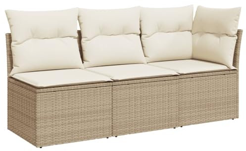 vidaXL Gartensofa mit Kissen 3-Sitzer, Sofa mit Staufach unter Sitzfläche, Terrassensofa mit abnehmbarem waschbarem Bezug, Gartenmöbel Terrassenmöbel, Beige Poly Rattan