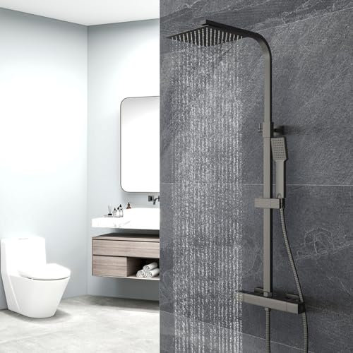 OCEAN ITALY Colonna Doccia con Rubinetto Termostatico, Miscelatore Doccia 280x40mm, Soffione Doccia Quadrato in Acciaio Inox 20x20cm, Altezza Regolabile 730-1150mm, Set Doccia Completo Nero