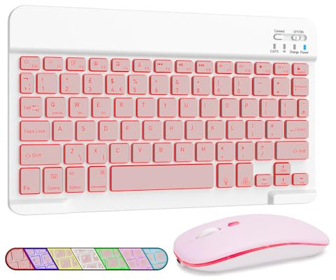 LAMA 7 Colors Backlit Wireless Keyboard and Mouse, Rechargeable Ultra Slim Universal Tablet Keyboard, Portable Bluetooth Keyboards for iPad/Tablet/iOS/Android/Windows/Laptop/Desktop Computer/Phone,PK