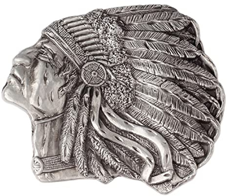 Longcreek Indianerhäuptling der amerikanischen Ureinwohner Gürtelschnalle für Männer, Indianer-Krieger-Häuptling Kopf Gürtelschnalle, Indischer Stammeshäuptling Totenkopf-Gürtelschnalle (Silber)