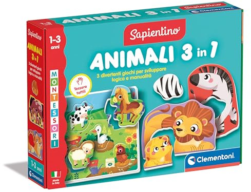 Clementoni Sapientino Montessori - Animali 3 in 1, Gioco Educativo Tattile, Bambini 1-3 Anni, Sviluppa Tatto, Manualità e Riconoscimento Animali, Made in Italy, Lingua Italiana, 16460
