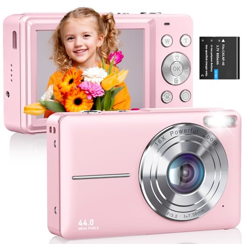 CAMKORY Digital Camera 1080P 44MP FHD Compact Digital Camera 16X Digital Zoom Anti-shake Vlogging Camera for Students Seniors Beginner Pink