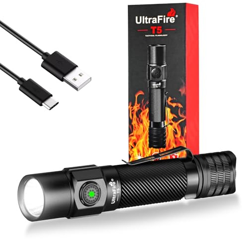 UltraFire 1800 Lumen Wiederaufladbare Taktische Taschenlampe, 5 Modi Mini LED Taschenlampe, Doppelschalter, USB-C, Helle Wasserdichte Kleine Taschenlampe T5