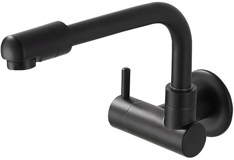 SXWYLZ Wasserhahn für Die Spüle In Der Küche Wasserhahn für ausgussbecken Kaltwasser Einhebel Waschbecken Wasserhahn 1/2 Zoll Kaltwasser Wandmontage Schwenkhahn,Schwarz,20Cm
