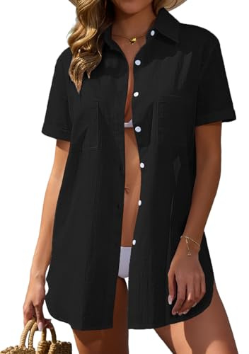 Vancavoo Strandhemd Damen Strandkleid Sommer Strandbluse Kurze Ärmel Strandtunika Lose Button-Down Strandponcho Longbluse Bikini Cover Up,Schwarz,S
