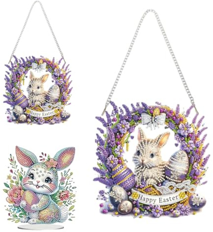 Diamond Painting Ostern Türkranz, DIY Diamond Painting Ostern Anhänger mit Kette, 5D Diamant Painting Fensterbilder, Diamant Painting Ostereier zum Aufhängen für Fenster Wand Und Eingang Decor