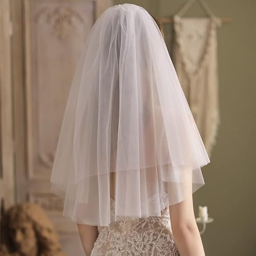LXHZSY Braut Schleier Eleganter kurzer Brautschleier zweilagig 75cm mit Metall weiß(Beige)