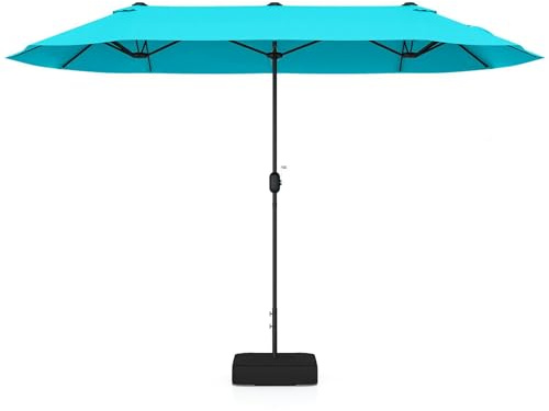KOMFOTTEU Sombrilla de Jardín Doble 396 x 201 cm, Parasol Rectangular con Manivela y Base, Sombrilla de Balcón Grande con Protección UV, Paraguas de Exterior para Piscina, Terraza, Patio (Turquesa)