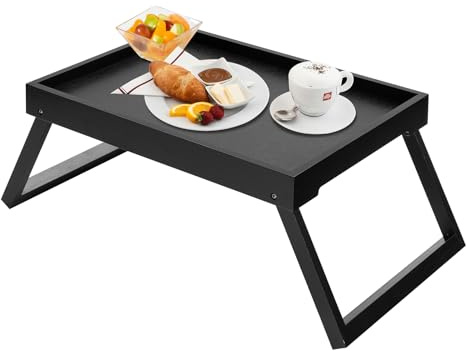 Kaukinye Bamboo Bed Tray Table with Foldable Legs, Breakfast Tray (Black) | Laptop Desk with Folding Legs for Bed or Sofa,Food,Dinner, Serving,TV Table,Kitchen,Eating,Working