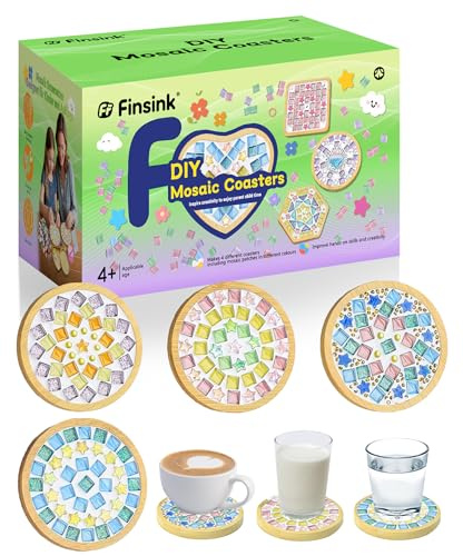 Finsink Set di 8 sottobicchieri a mosaico per bambini, set fai da te,di sottobicchieri in legno, set di pietre a mosaico per il fai da te, regalo di compleanno per bambini adulti (A)