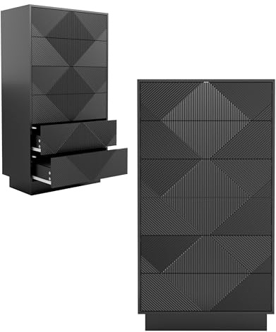 UEV Kommode mit 6 Schubladen, Kommodenschrank Sideboard schmal (Schwarz) | Sideboard Schubladenschrank Push to Open, Mehrzweckschrank für Wohnzimmer Schlafzimmer Flur Büro 60x33,5x111cm