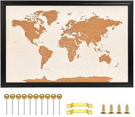Okydoky Holzrahmen Korktafel Weltkarte, 50 x 75 cm, Pinnwände für Wände mit 10 Pins, Reise-Tracker-Karte für Büro, Schule und Zuhause (WD-MAP,5075,D)