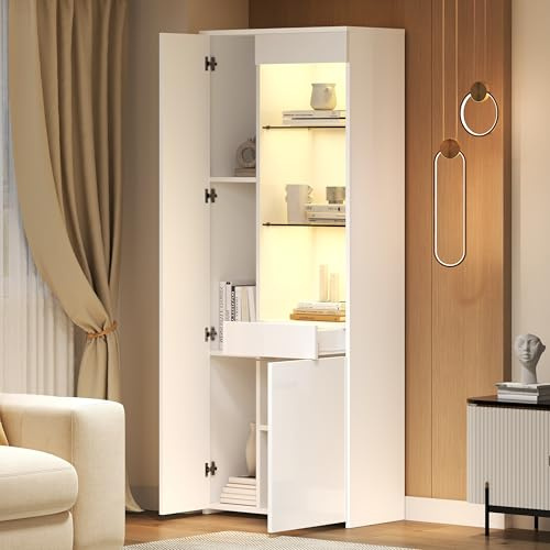 Wiuzo Vetrina con cassetti, 70 x 35 x 180 cm, lucida, vetrina in vetro con illuminazione a LED, mobile alto, con armadio, vetrina, portata consigliata: 45 kg