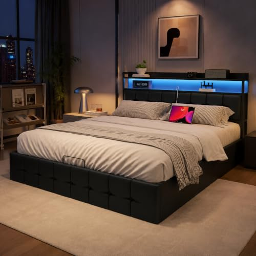 BLSYHDH - Cama con maletero de 140 x 190 cm, LED, cama acolchada hidráulica con puerto USB y almacenamiento doble para 2 personas (negro+PU-1, 140 x
