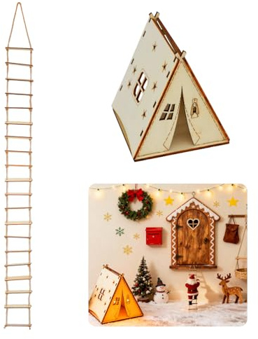 Wichtel Zubehör Weihnachten, Miniatur Weihnachtswichtel Zubehör Set | Wichteltür Mini Strickleiter 100×8cm, Wichtelhaus Holz Zelt, für Wichtelzubehör DIY, Wichtel Leiter Hängend Lang