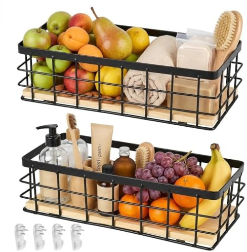 Trådkorg, metallkorg svarta dekorativa korgar hushåll väggkorg metall badrum förvaringskorg korg metall avtagbar träbas för frukt snacks kök skafferi (2 stycken), 29 x 13 x 10 cm